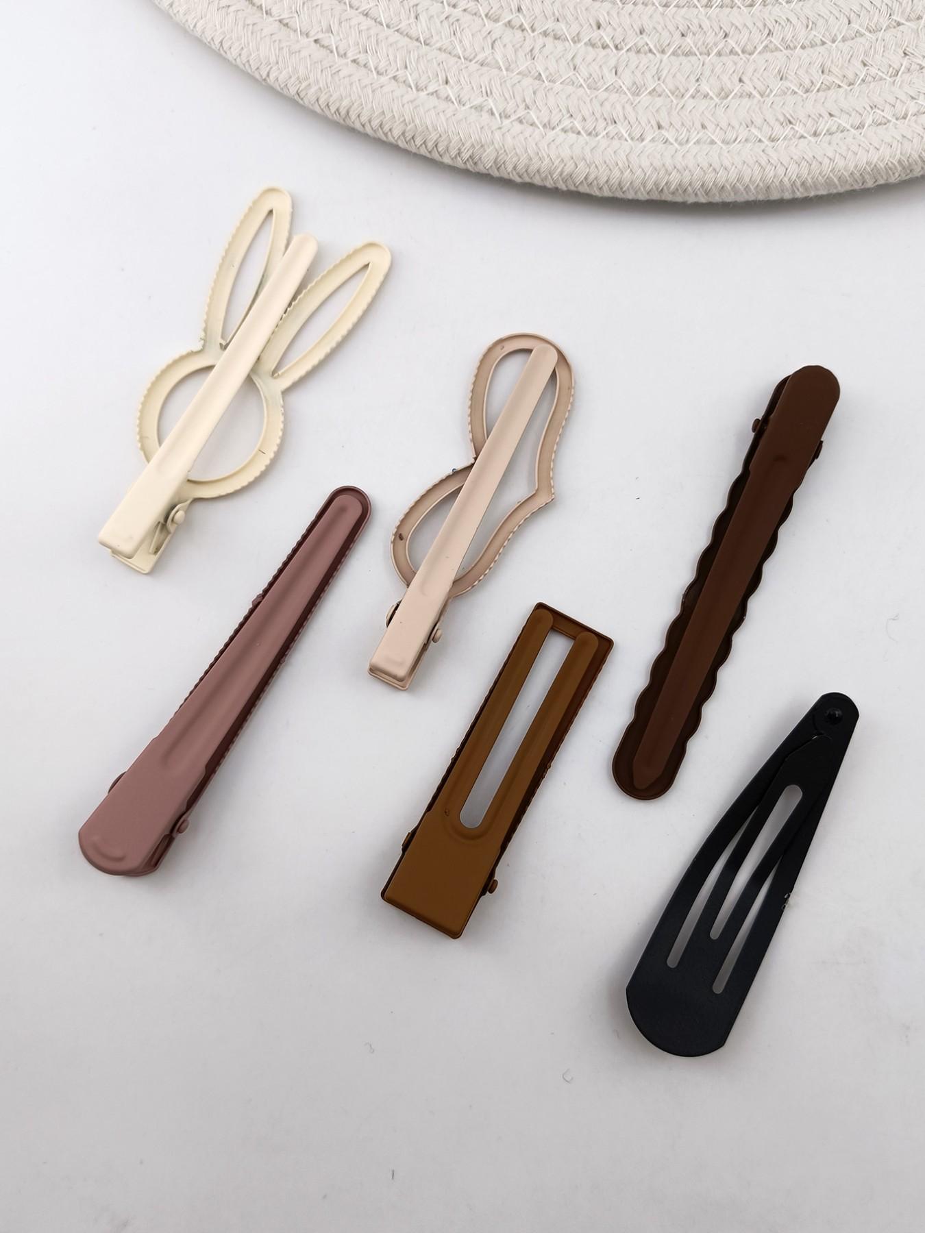 1 Pack 6 Pcs Coffee Color Frosted Duckbill Hair Clips, Metal Material, Cute Style, Various Sizes and Shapes, All Seasons Accessory