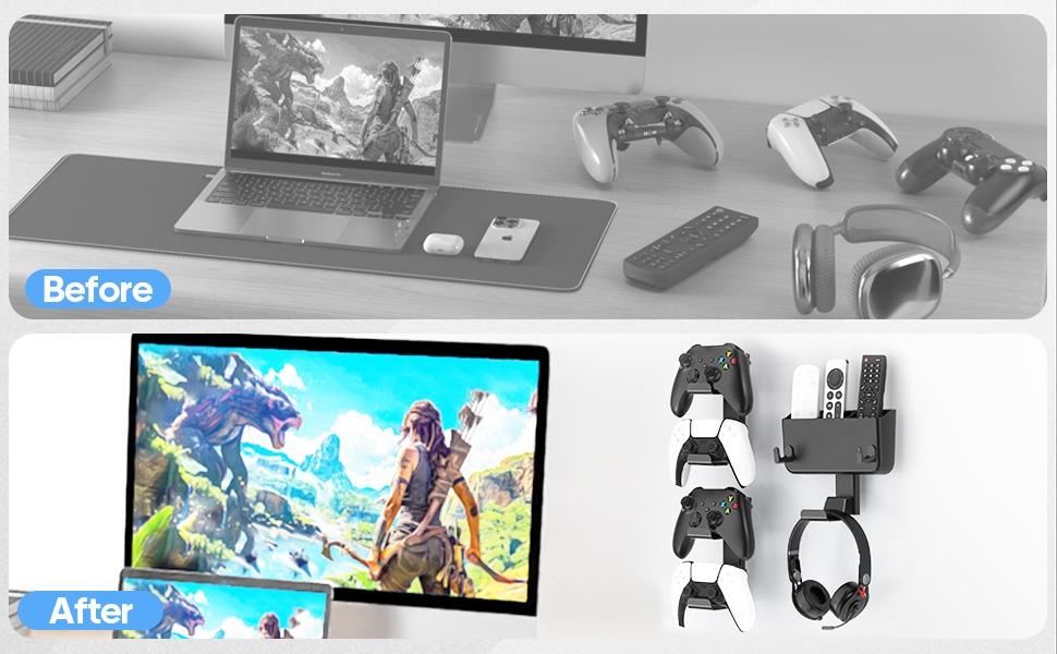 Controller & Headset & Remote Holder Wall Mount with No Drill, 2 Packs Gaming 4 Controllers Hanger Hook Mount for PS5/PS4/XBOX/Switch, Headphone Stand & Remote Control Holer Wall Shelf with Adhesives