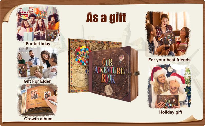 Our Adventure Book Scrapbook Photo Album 8.9x7.7inch Retro Style Embossed Letter Cover Travel Diary Journal Scrap Book Kit Decor Gifts for Christmas/ New Year/ Mother's Day/ Valentine's Day/ Women's Day/ Easter