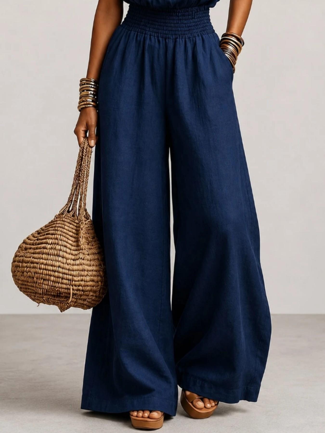 BohoChic Smocked High Waist Linen Blend Halter Neck Wide Leg Jumpsuit, Plain Ruched Jumpsuit, Sleeveless Pocket Design Casual Outfit for Beach Vacation Bohemian Daily Wear, Oversized Loose Fit Resort Romper Outfit Women Apparel
