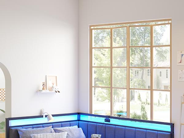 Hasuit Corner Bed Frame with Storage Drawers, Twin Daybed with Line Fabric Upholstered Fence, Kids Bed Unit with LED Light and Charging Station, Modern Bed Frame Twin Size