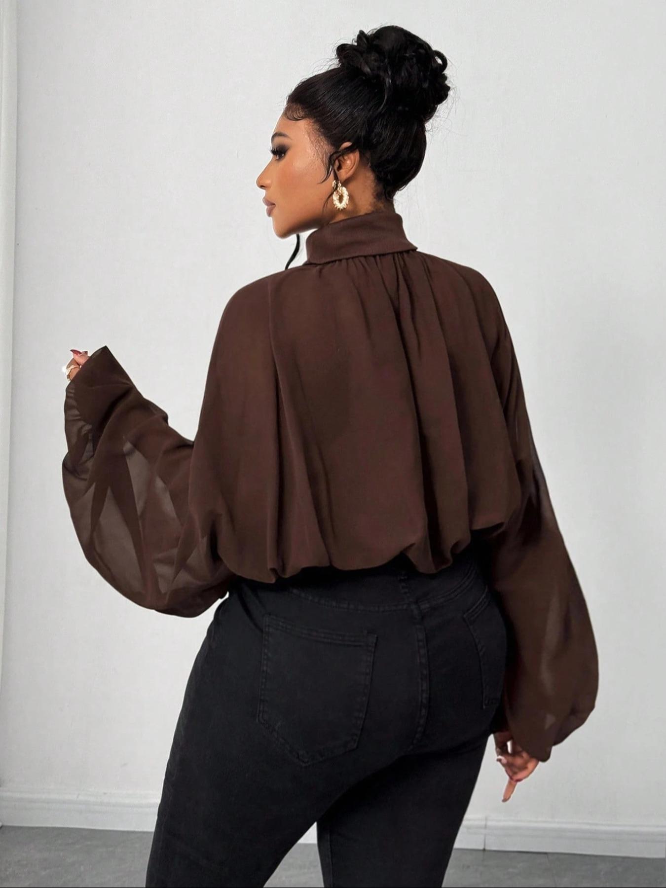 Women's Casual Fashion Top, Pure Color Stand Collar Lantern Sleeve Ruched Design, Spring & Fall Women's Clothing