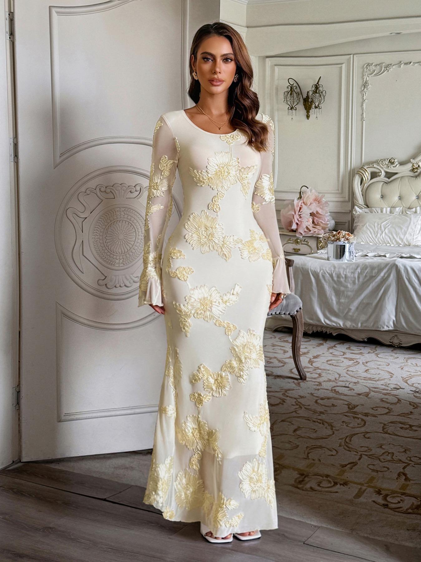 Elegant Floral Pattern Long Sleeve Slim Fit Bodycon Dress, Elegant Romantic Dress, Casual Fall Fashion, Women's Long Sleeve Dress, Stylish and Comfortable