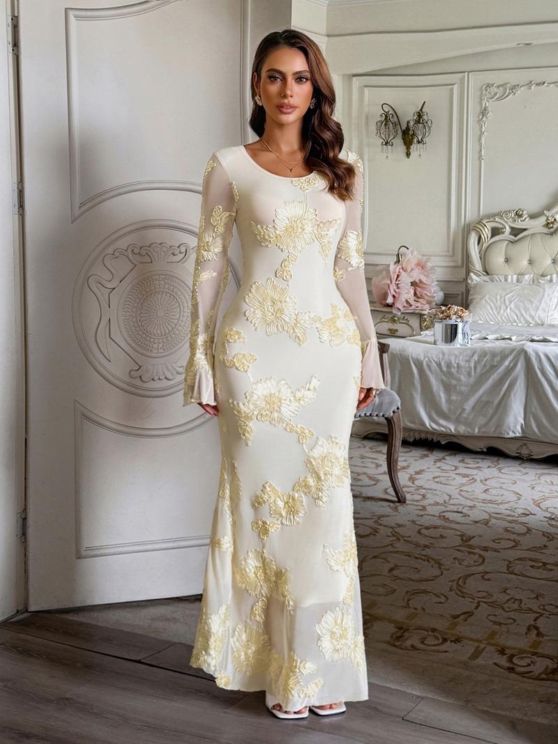 Elegant Floral Pattern Long Sleeve Slim Fit Bodycon Dress, Elegant Romantic Dress, Casual Fall Fashion, Women's Long Sleeve Dress, Stylish and Comfortable