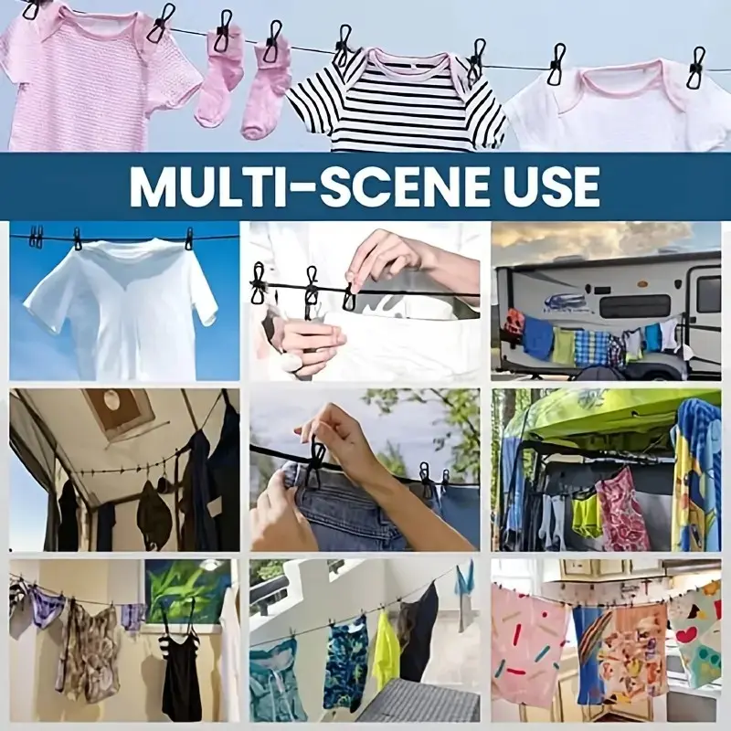 This elastic clothesline with 12 clips is ideal for drying socks, underwear, and other small items. The portable, retractable design makes it perfect for laundry, outdoor use, camping, hotels, and other settings.