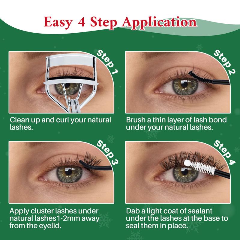 LASHSUN CHRISTMAS GIFT 10PCS Kit , D Curl 8-16mm DIY Lash Clusters Kit Multi-Type Lash Volume Eyelash Clusters with Bond&Seal Lash Remover Lash Brush Tweezers Eyelash Set