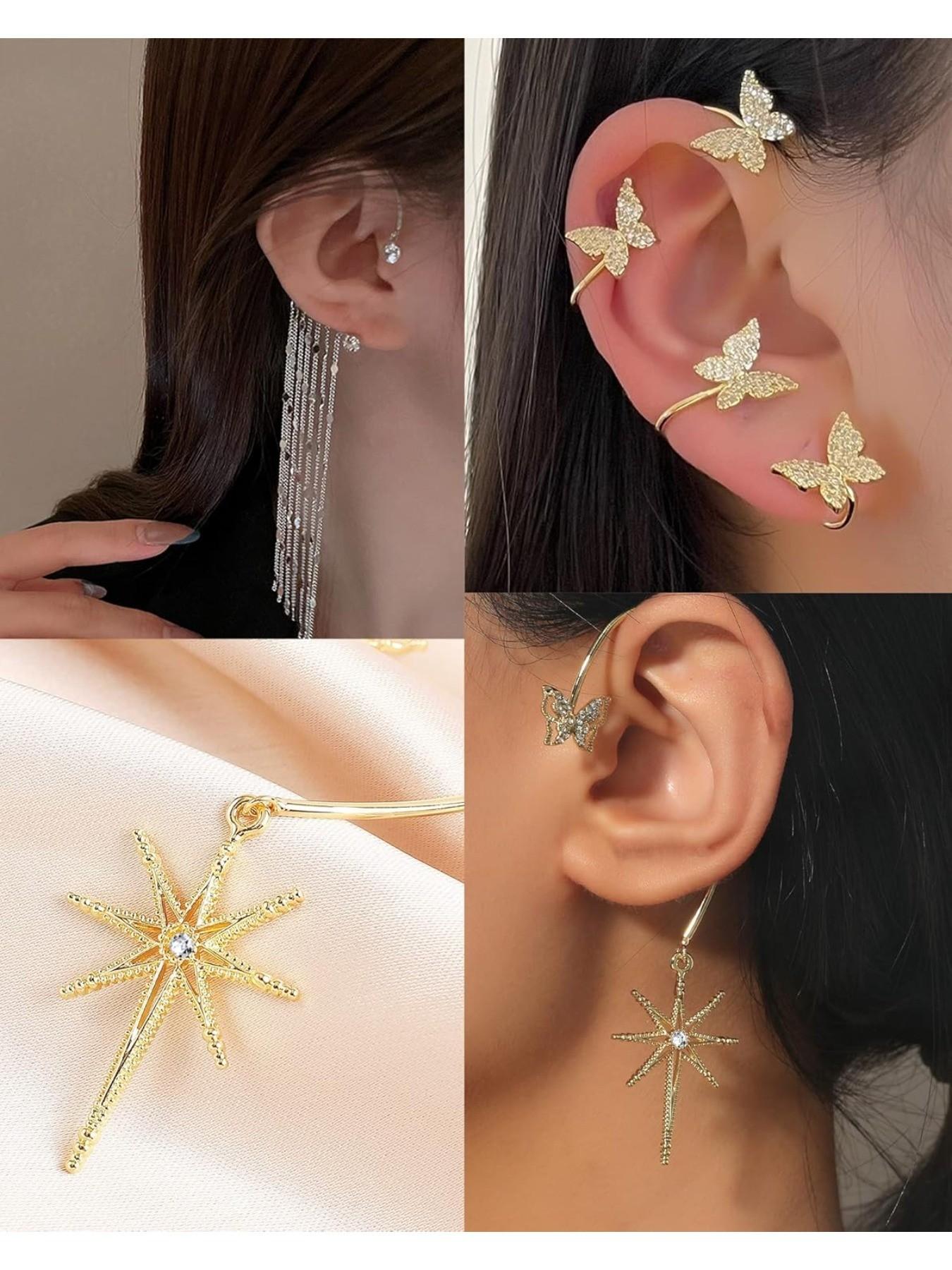 4Pcs Butterfly Long Tassel Ear Cuff Dangle Chain Earrings Wrap Crawler CZ Ear Clip Wrap Around Fake Earrings for Women Silver Gold Tone Right Ear