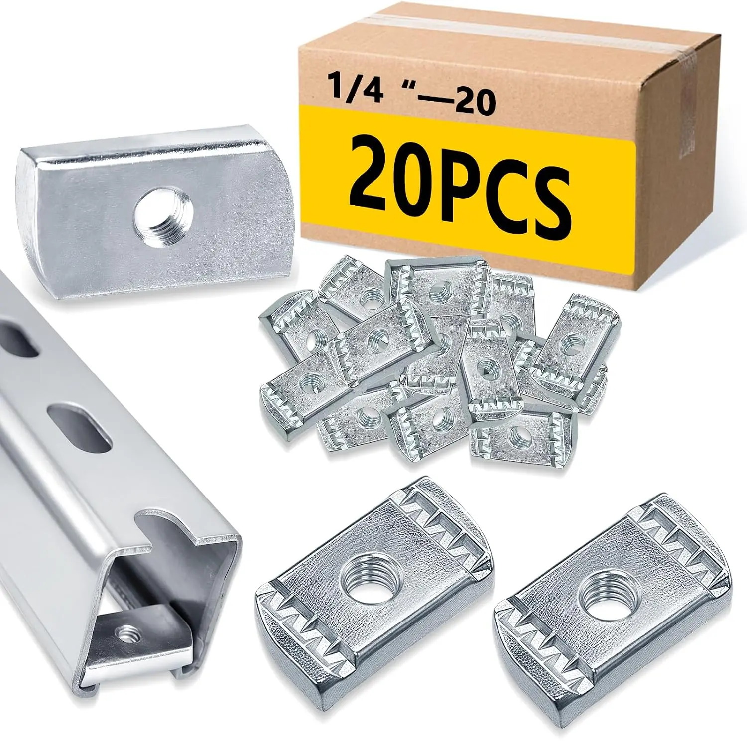 20 count 1/4"-20 Strut- Nuts, No Spring Strut Hardware Nuts with Zinc Electroplate Finish, for Use with Unistrut Channels