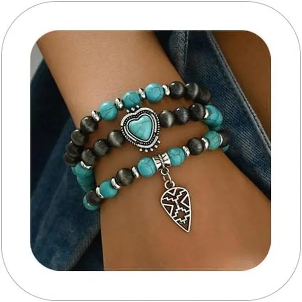 Turquoise Beaded Bracelet Stack -  Cowgirl Stretch Set with Bull Skull,  & Boot Charms,  Boho  for Rodeo, Country Concerts & Casual  Outfits