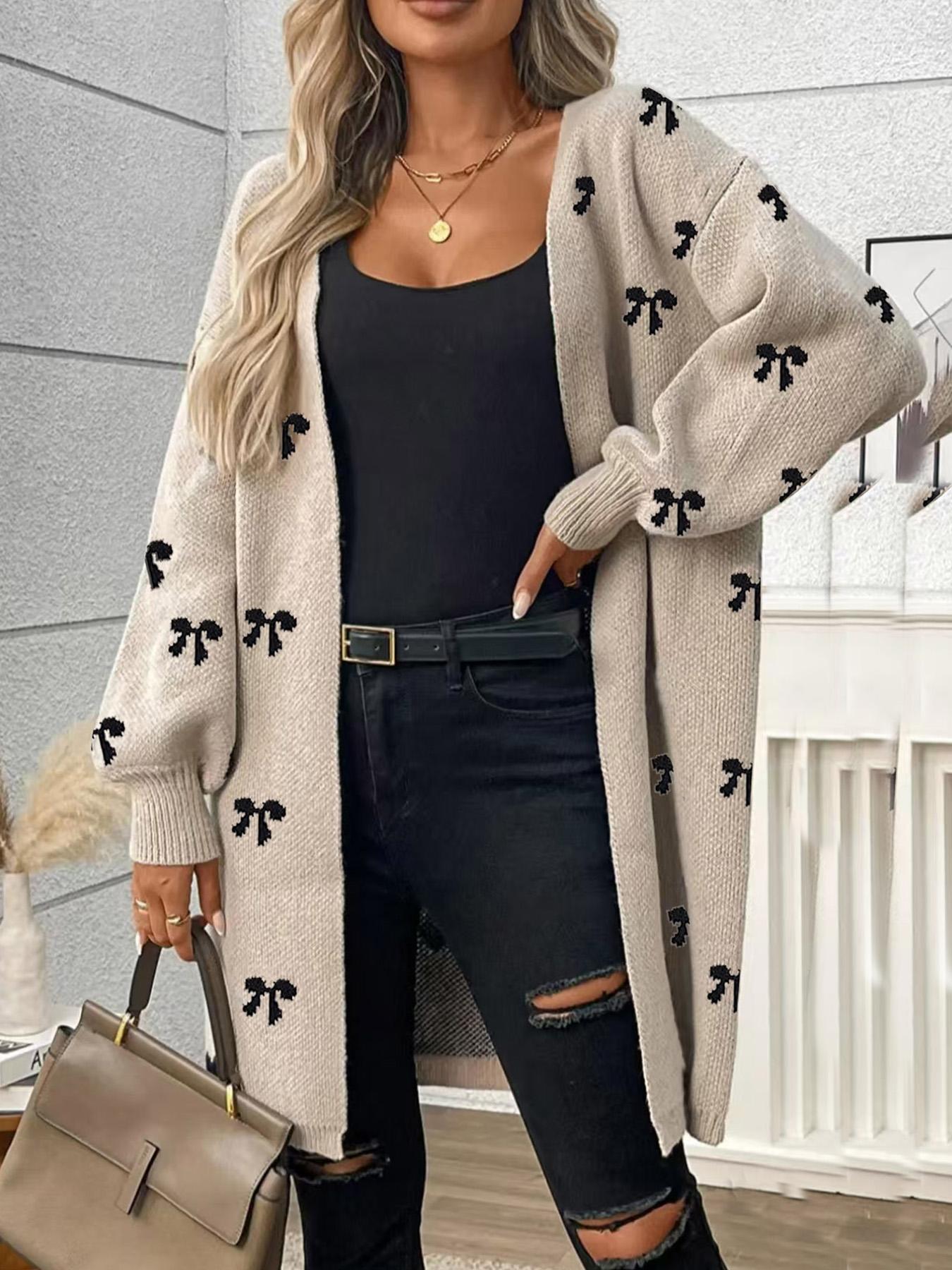 Women's Plus Size Loose Fit Cute Bowknot Casual Cardigan, Perfect for Autumn & Winter