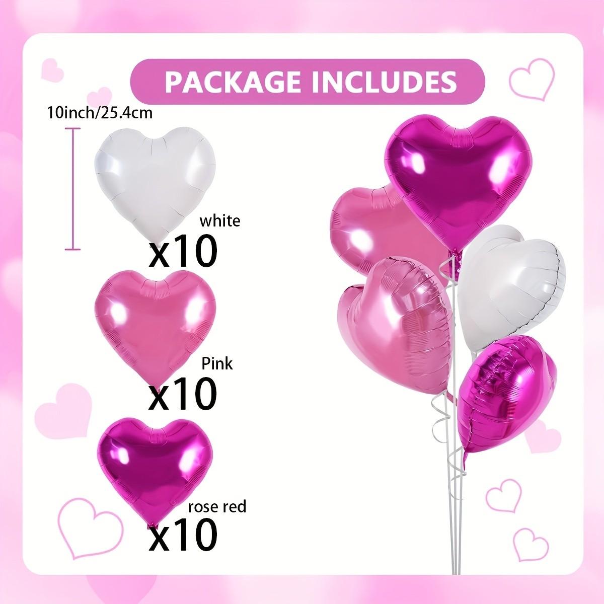 30Pcs 10 Inch Pink White Heart Balloons Hot Pink Heart Shape Foil Mylar Balloons Decoration for Birthday Valentine's Day Wedding Bridal Shower Anniversary Engagement Party Supplies