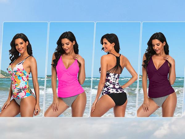Holipick Tankini Top for Women V Neck Tummy Control Swim Top Ruched Bathing Suit Top Only No Bottom