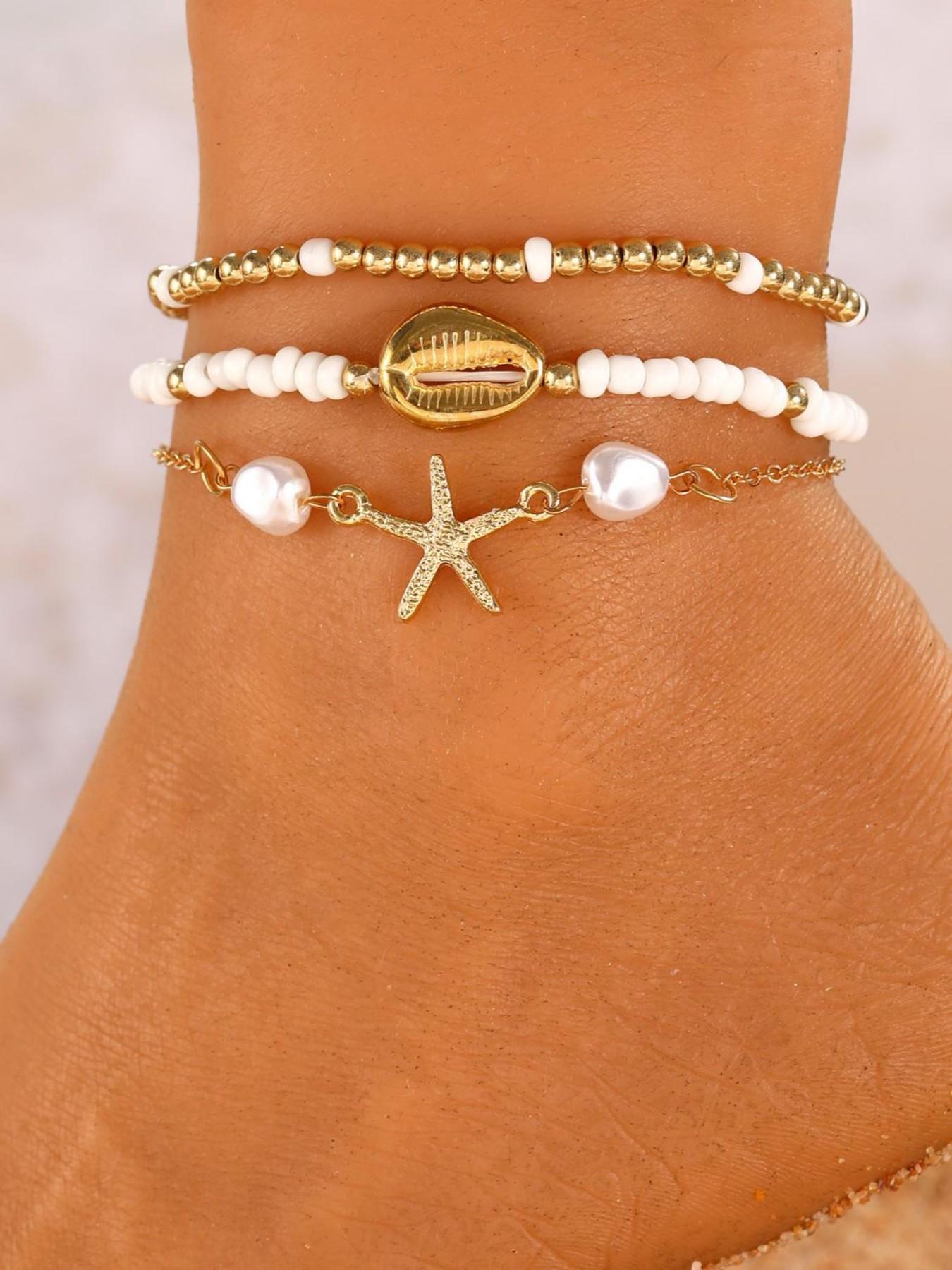 Three-Piece Summer Beach Anklet Set, Starfish Fish Shell Faux Pearl Design, Girl Jewelry, Fashion Accessory, Perfect for Daily