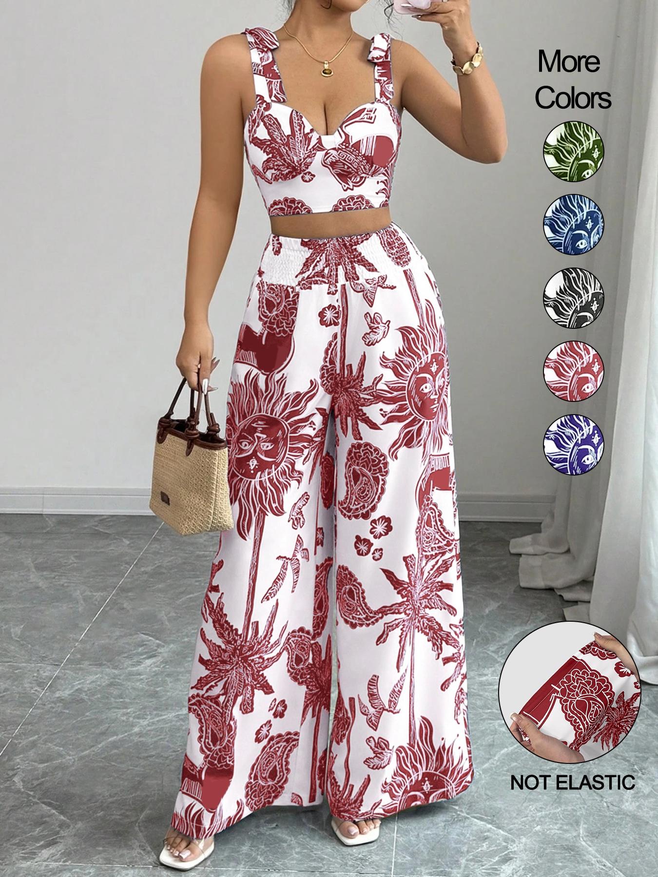 Women's Boho Style Floral Print Sleeveless Top & Belted Straight-Leg Pants Set, Casual Summer Outfit for Vacation