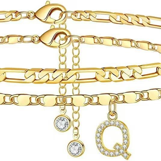 JunDa Exquisite layered Figaro chain CZ initials ankle chain set, low allergy girls' fashion adjustable size waterproof clothing accessories