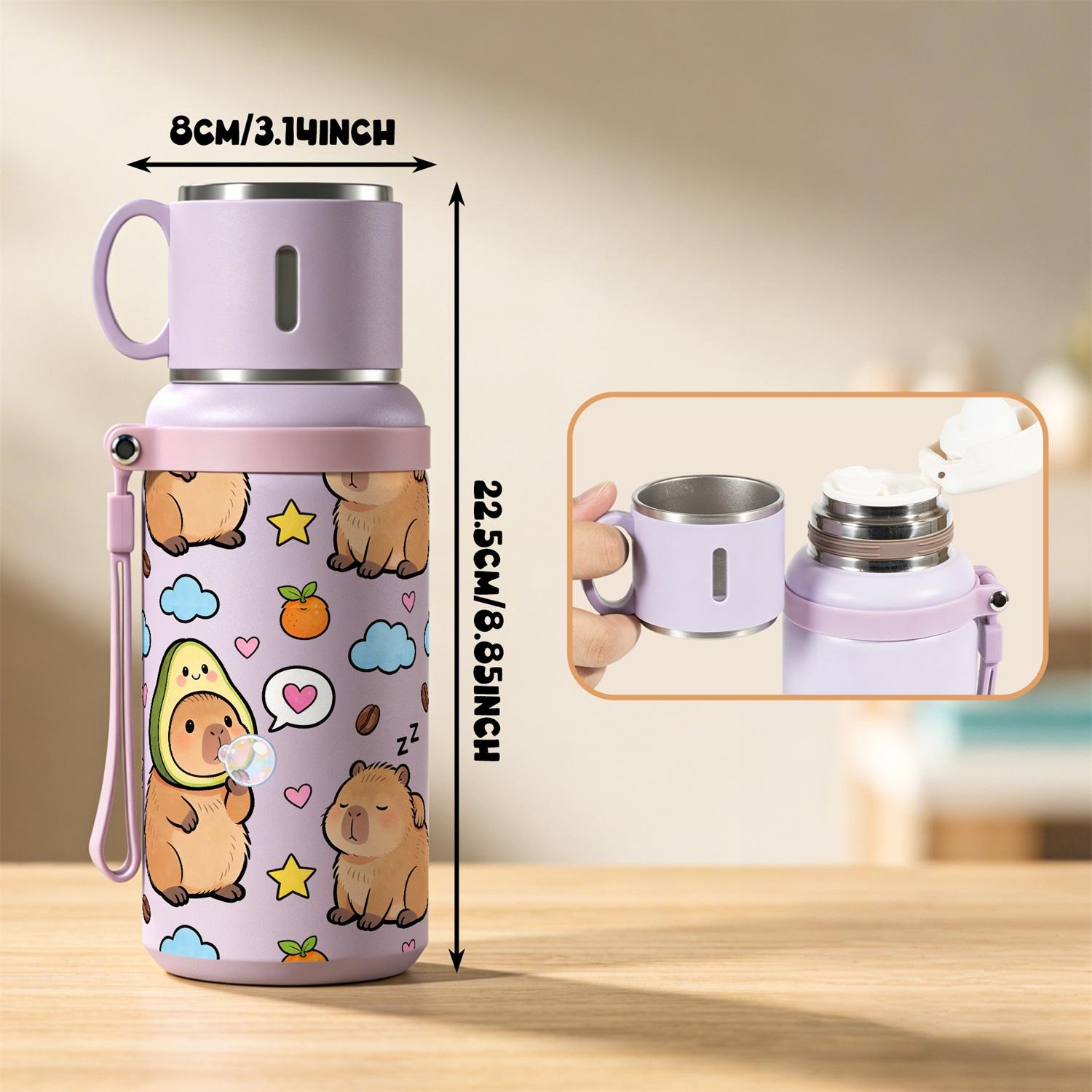 1PC, 20oz Insulated Stainless Steel Water Bottle, Vacuum Flask with Cup Lid That Doubles as Handle Cup, Double Wall Insulated Travel Mug, Cute Capybara Aesthetic Design, Portable for Outdoor Hiking Gym, School Office