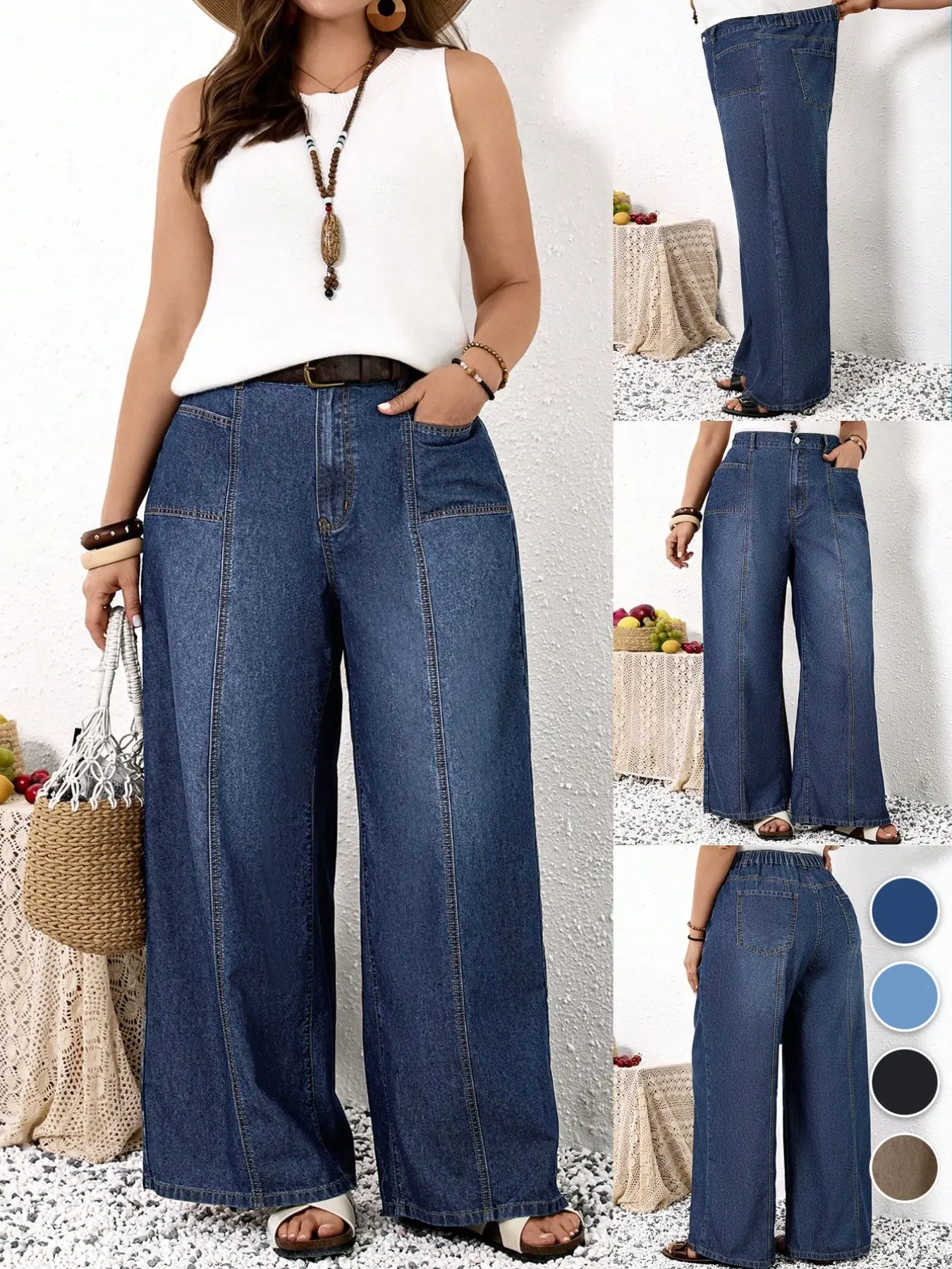 Plus Size Wide Leg Jeans, Denim High Rise, High Waist Elastic Back Jean with Pockets, Loose Fit Daily Casual Wear, All Seasons Patchwork Design