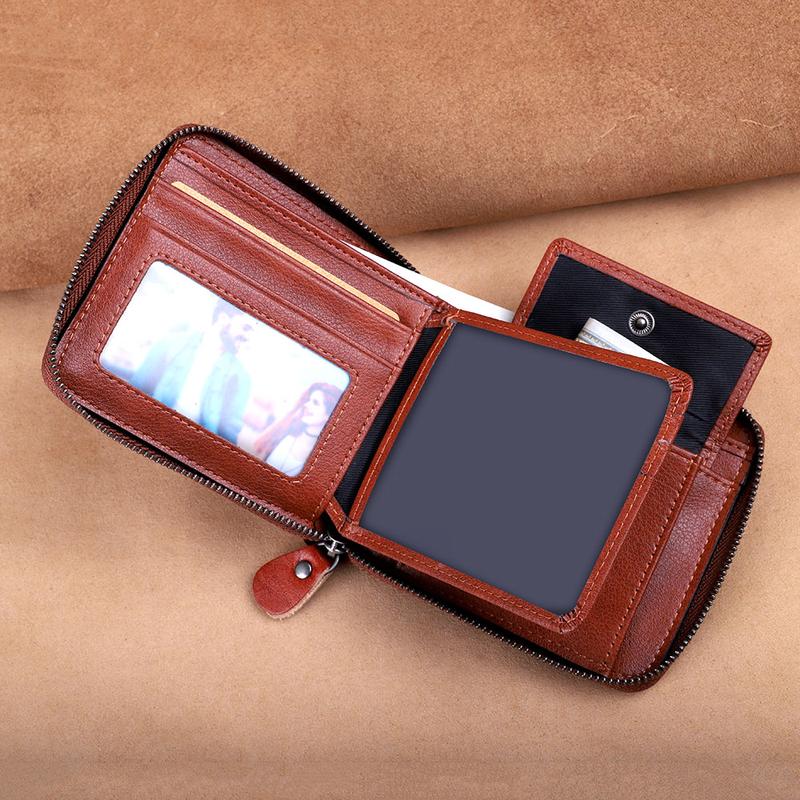 Mens Genuine Leather Zipper Wallet RFID Secure Large Capacity Double Fold Multi-card Leather Wallets for Men and Coin Purse