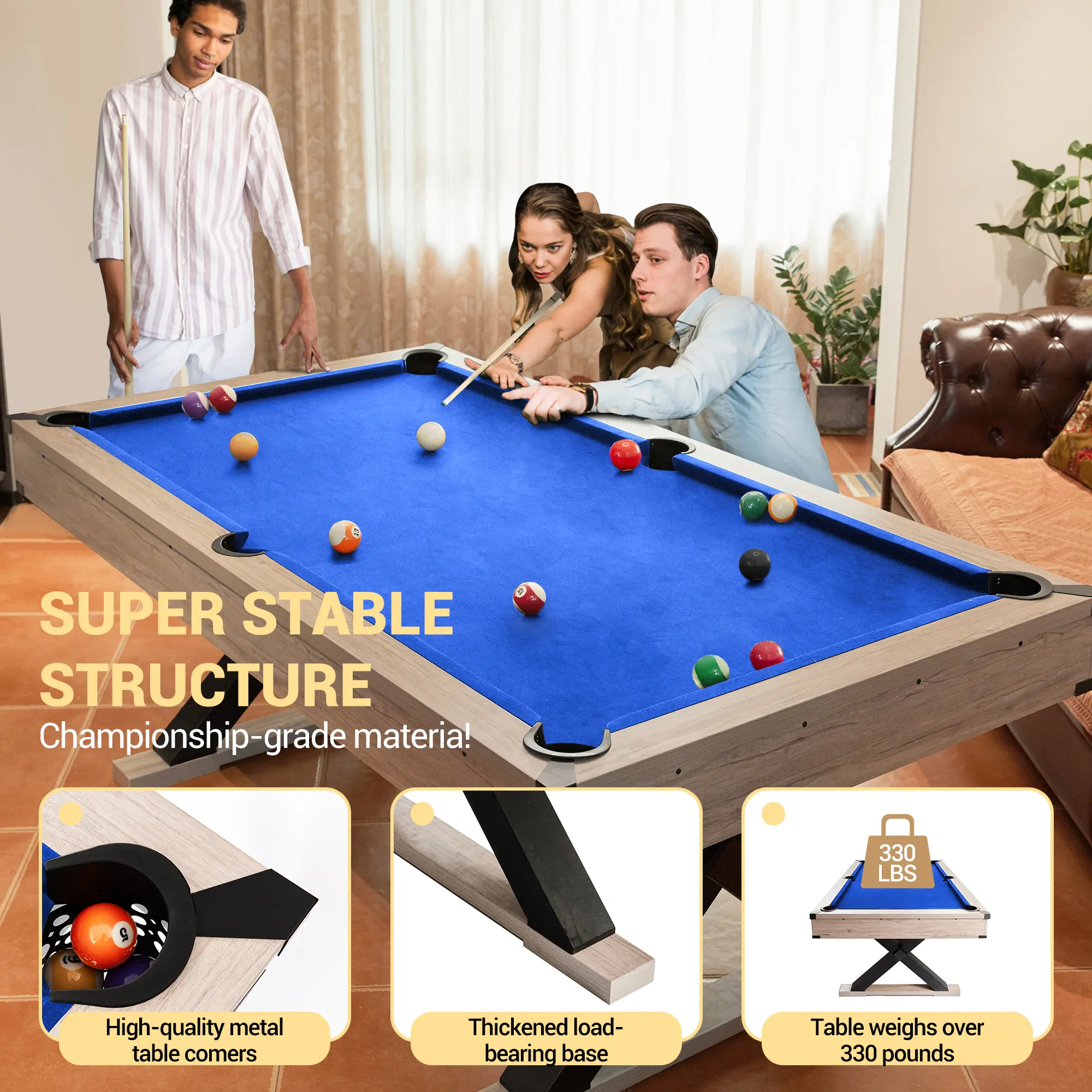 7ft Rustic Solid Wood Pool Table with X-Shaped Legs, Modern Billiards Table with Black Cloth, Includes 2 Cues, Balls, Rack, Chalk & Brush, Indoor Bar-Size Game Table