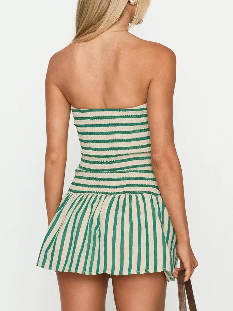 Women's Striped Print Tube Romper, Casual Strapless Romper for Summer, Fashion Women's Clothes for Daily Wear