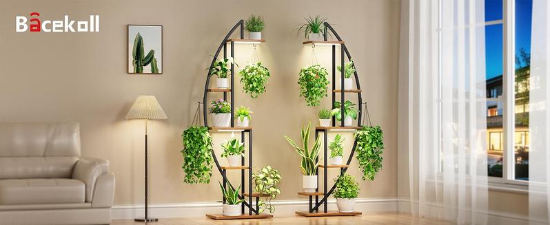 2 Pcs Plant Stand Indoor with Grow Lights, 6 Tiered Tall Plant Shelf, 63" Metal Plant Stand for Indoor Plants Multiple, Half-Moon Plant Rack Display Shelf, Plant Holder for Living Room, Patio
