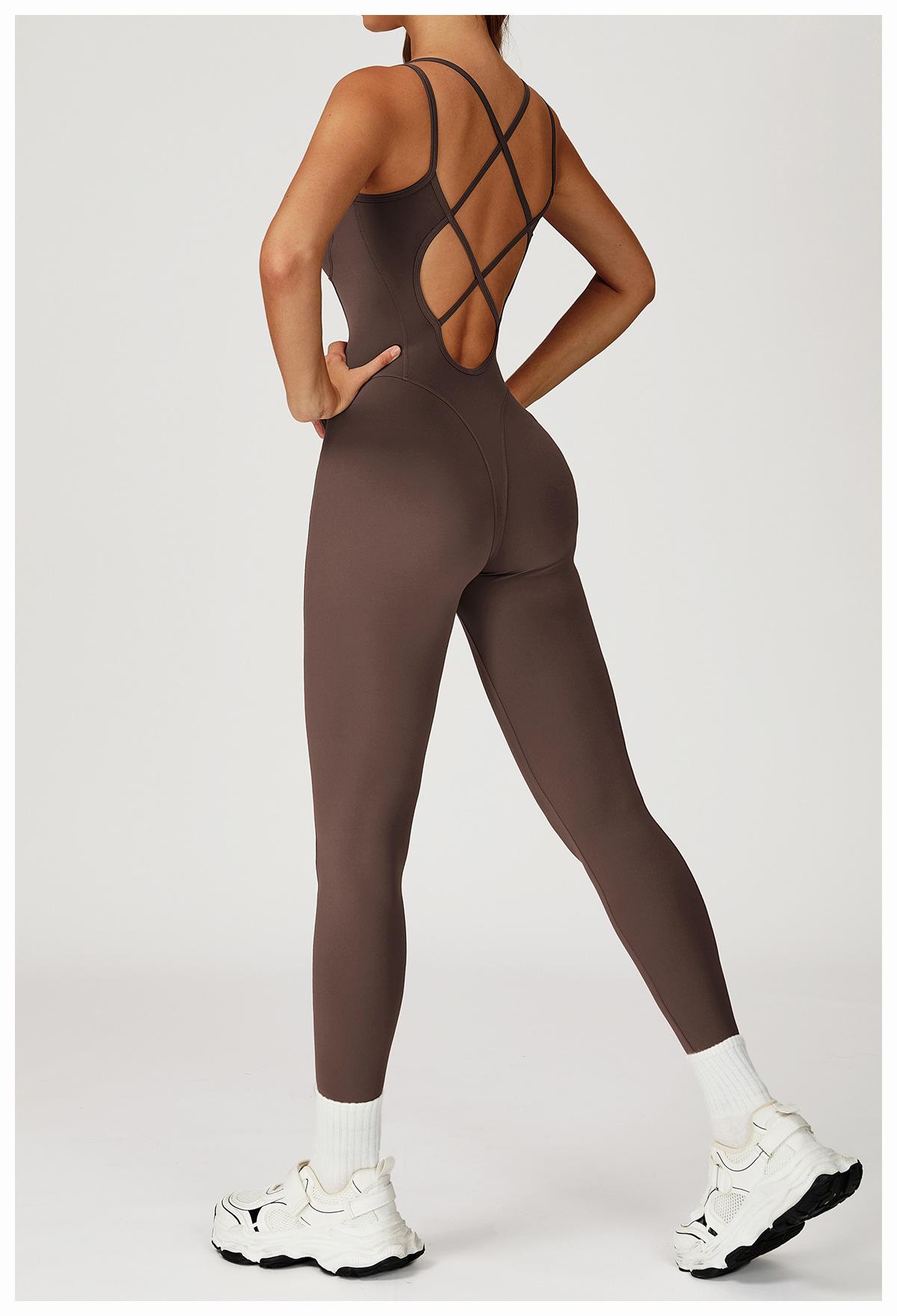 Nude-feel one-piece bodysuit with cross-back design, slim-fit yoga wear for outdoor running and fitness activities