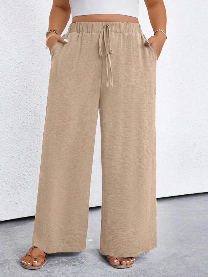 Plus Size Women's Solid Color Waistband Pocket Wide Leg Pants, Autumn Fabric, Fashionable Ladies' Clothing for Comfort and Style