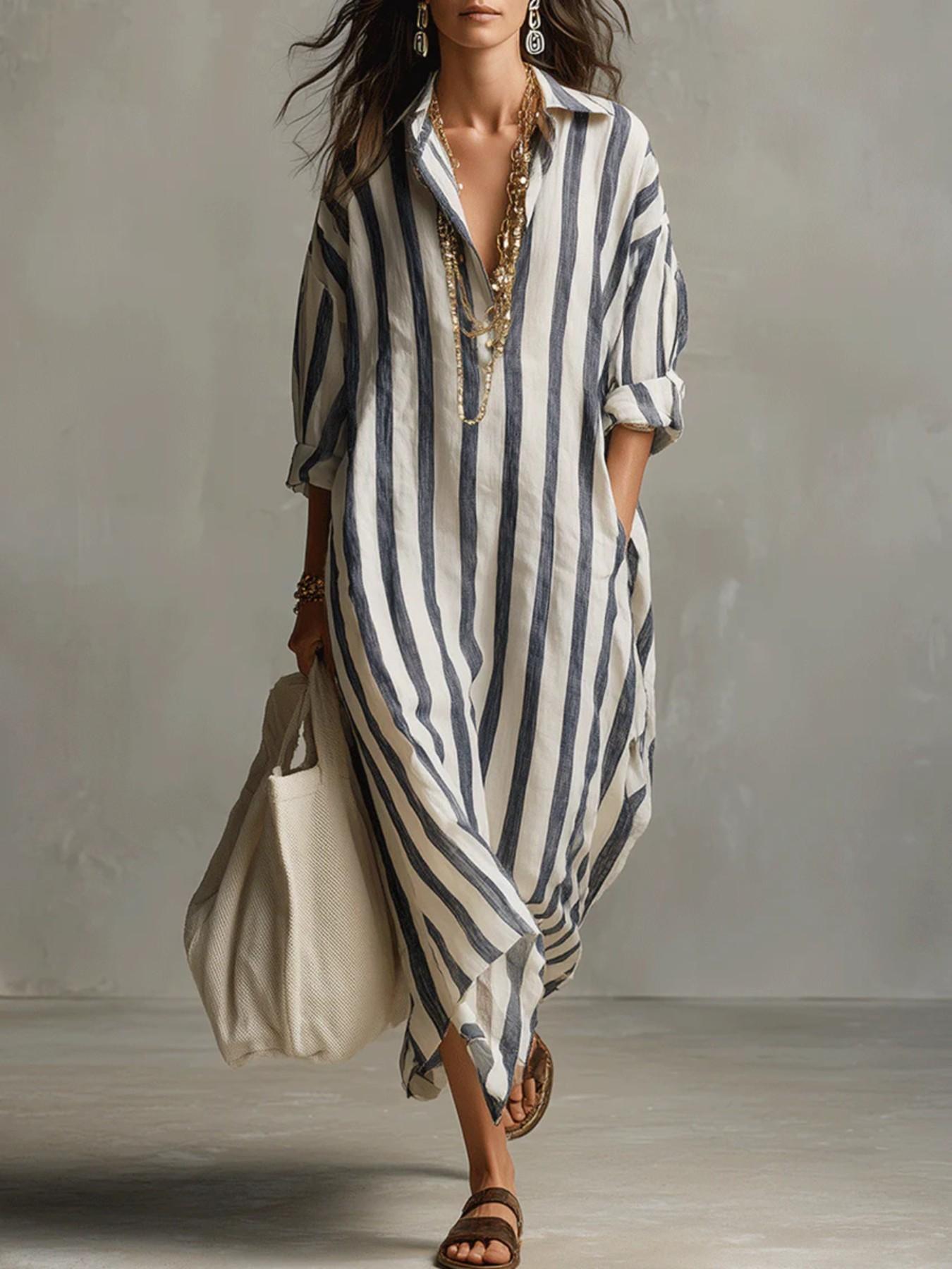 Summer Lightweight Loose Striped Long Shirt Dress, Casual Dress, Women's Comfortable Stylish Collared Three-Quarter Sleeve Pocket Dress, Comfortable and Stylish