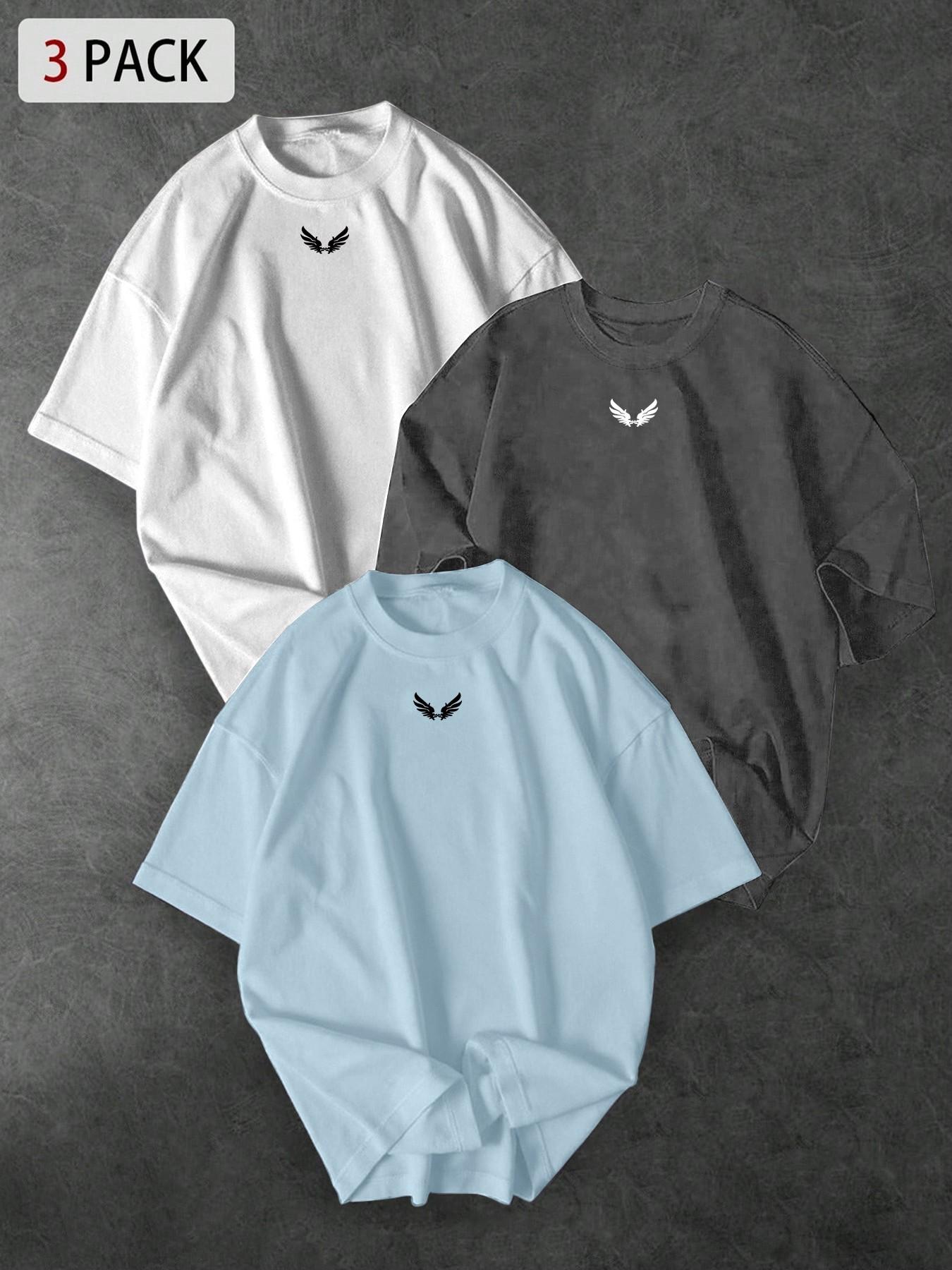 3-Pack Unisex Oversized T-Shirts with Small Dumbbell Chest Print, Minimalist Streetwear for Gym Enthusiasts and Casual Everyday Wear