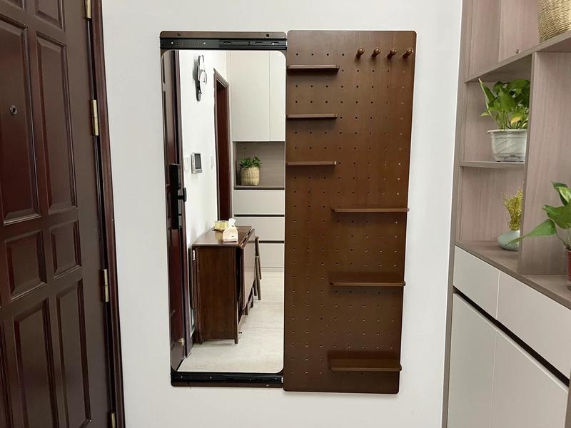 【School】Pegboard Mirror, 100% Solid Wood - No MDF, Mirror with Shelf & Hooks, Rustic Wall-Mounted Mirror with Multifunctional Panel for Bedroom, Living Room, Entryway