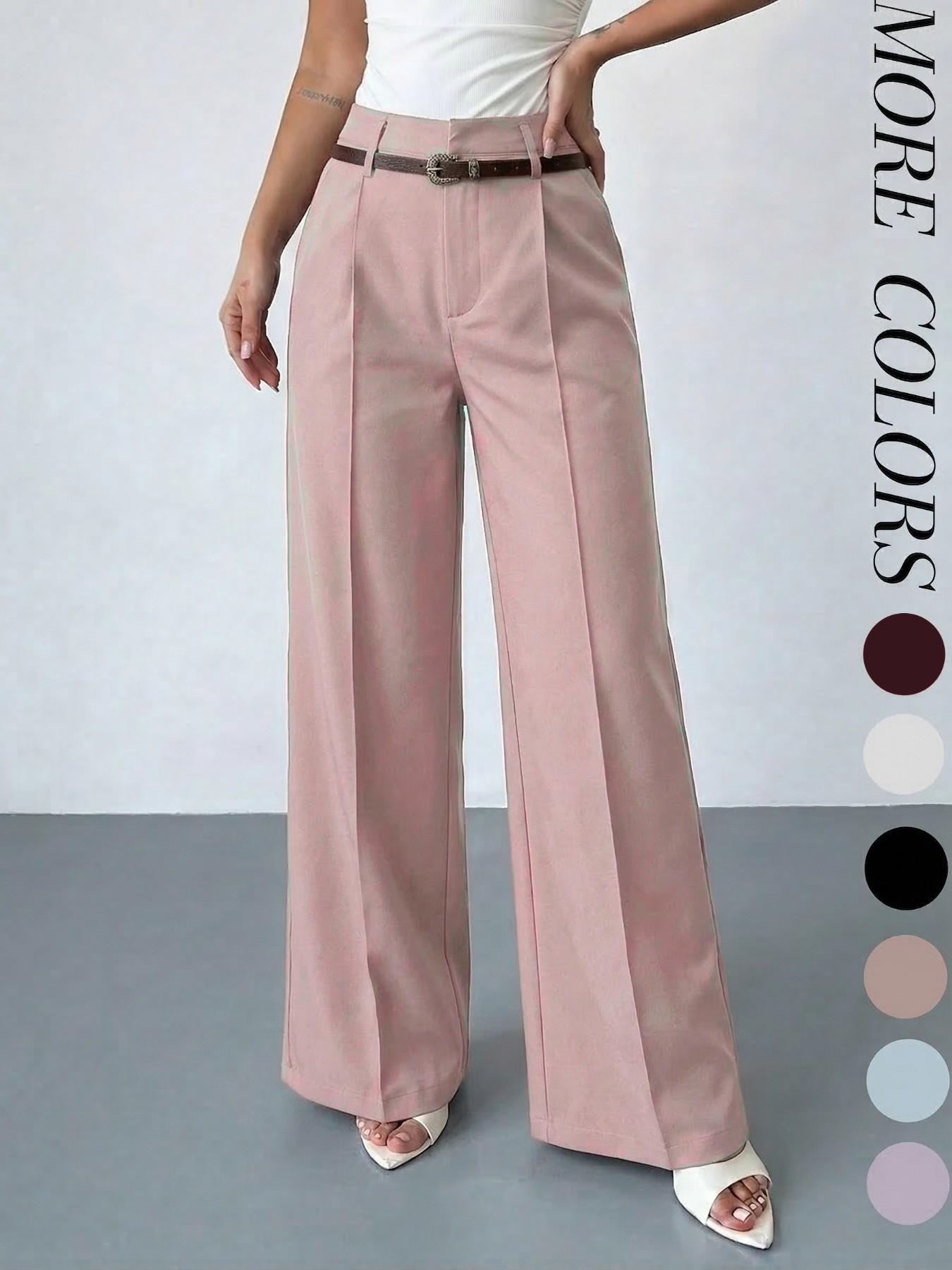 Women's Elastic Waist Solid Color Zipper Button Pocket Wide Leg Trouser Pants, Elegant Commuter Multi-Functional Office Wear Womenswear