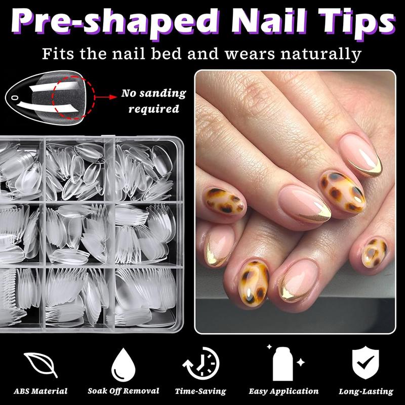 600Pcs Extra Short Almond Nail Tips, Upgraded Widened Nail Bed Half Matte No File False Full Cover Gel Nails Clear Natural Artificial Gelly Tips for Nail Extension Home DIY Salon 12 Sizes with Set for Extension Nail Manicure, Fake Nails Kit