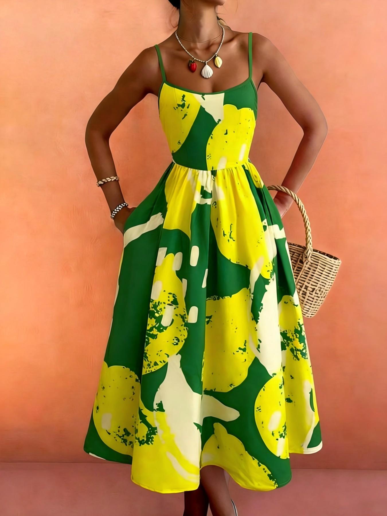 Women's Casual Resort Wear, Spaghetti Strap, Lemon and Banana Fruit Print, Pleated Back Design, Comfortable Beach Dress, Boho Beach Sundress, Boho Summer Clothes, Spring/summer Fashion, Bohemian Summer Dresses, Boho Fashion Dress