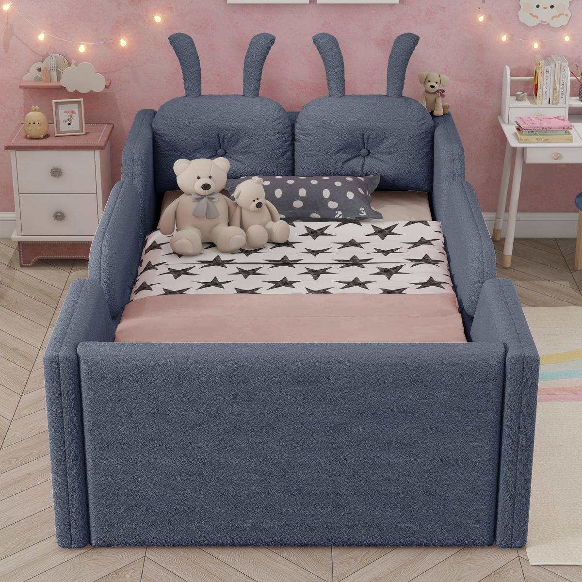 Twin Size Upholstered Floor Bed with 21-Inch Guardrails, Detachable Side Rails & Rabbit-Shaped Cushions, Teddy Fabric Foam Padding, No Box Spring Needed, Fits 8-Inch Mattress