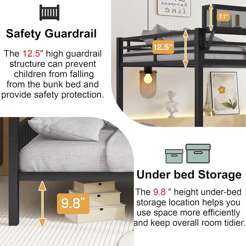 Queen Over Queen Bunk Beds Frame for Adults, Metal Bunk Bed Queen Size with Storage Shelf, Heavy-Duty Bunk Bed Frame with Ladder and Slats Support ,Space-Saving, Noise Reduced, Black