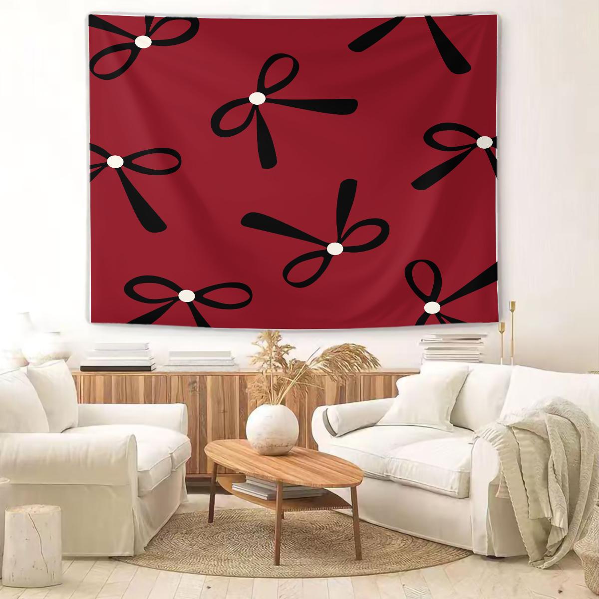 Bow Print Wall Tapestry, Minimalist Bedroom Wall Decor with Heart Accents, Aesthetic Gift for Girls