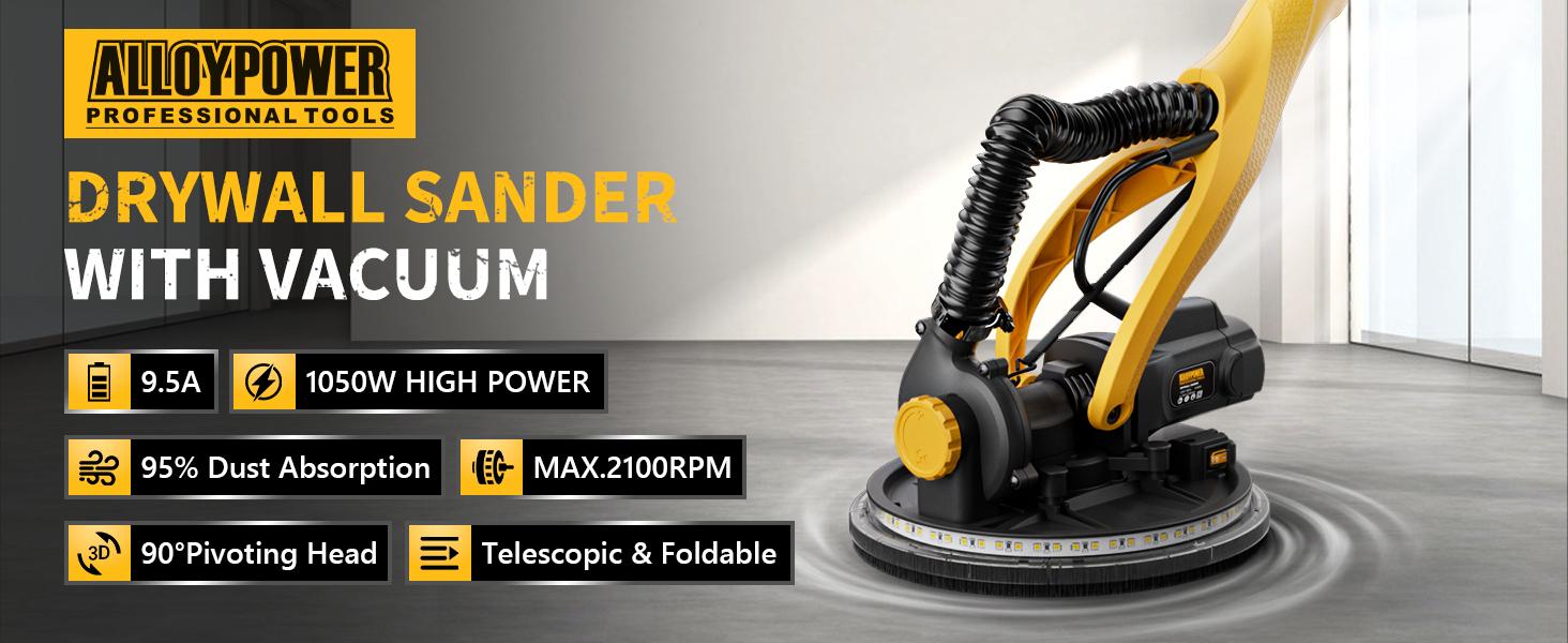 Alloyman Drywall Sander, 1050W Electric Drywall Sander with Vacuum Dust Collection, 2100RPM Wall Sander with 7 Variable Speed, Foldable & Extendable Handle, Double-Deck LED Light, Dust Bag and Hose, Holiday Deals: Christmas Gifts and New Year Gift Ideas