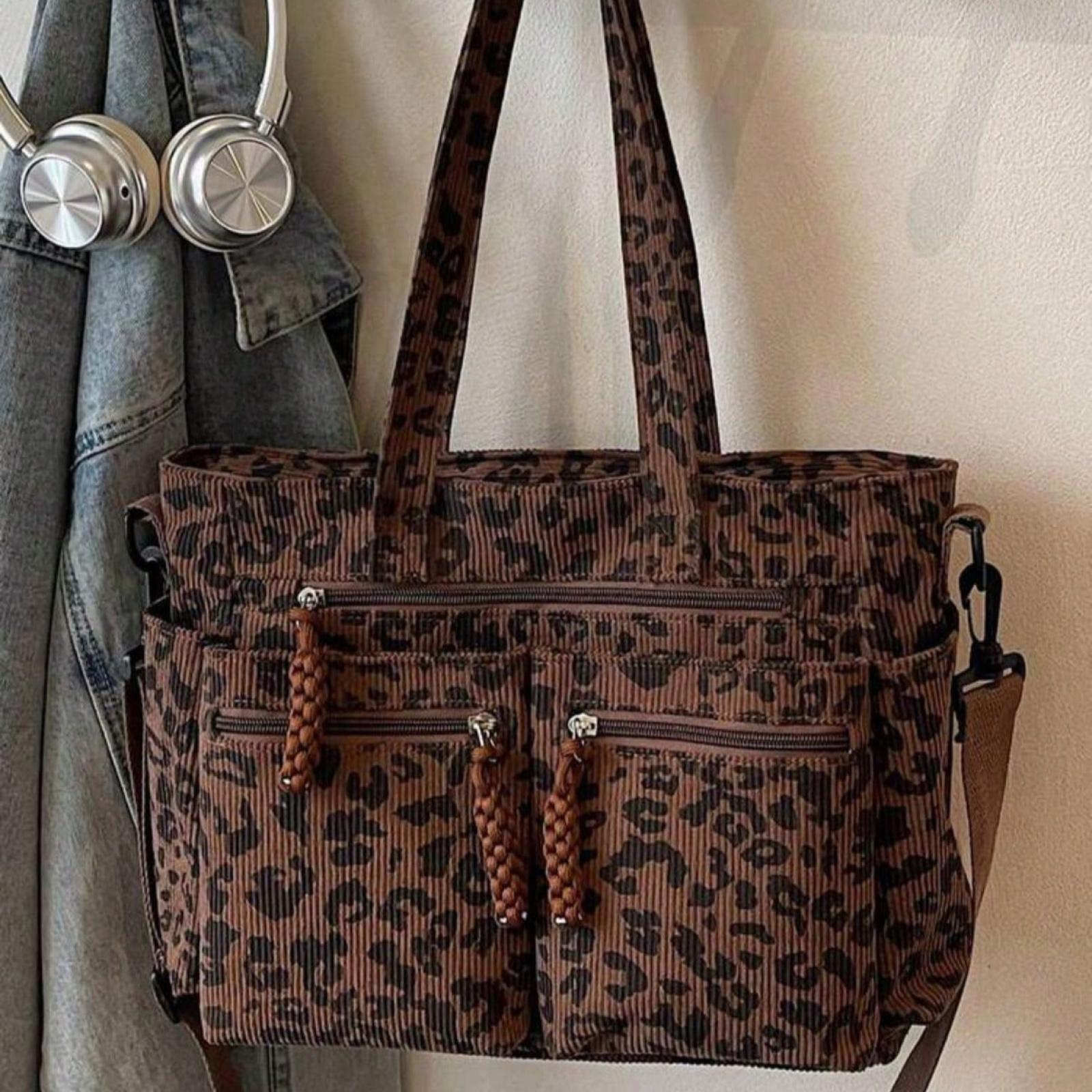 1pc Leopard Print Corduroy Tote Bag for Women, Fashion Large Capacity Multi-Pocket Casual Shopping Bag, Laptop Tote, Detachable Adjustable Shoulder Strap, Suitable for Travel, Business, Campus, Party, Gift
