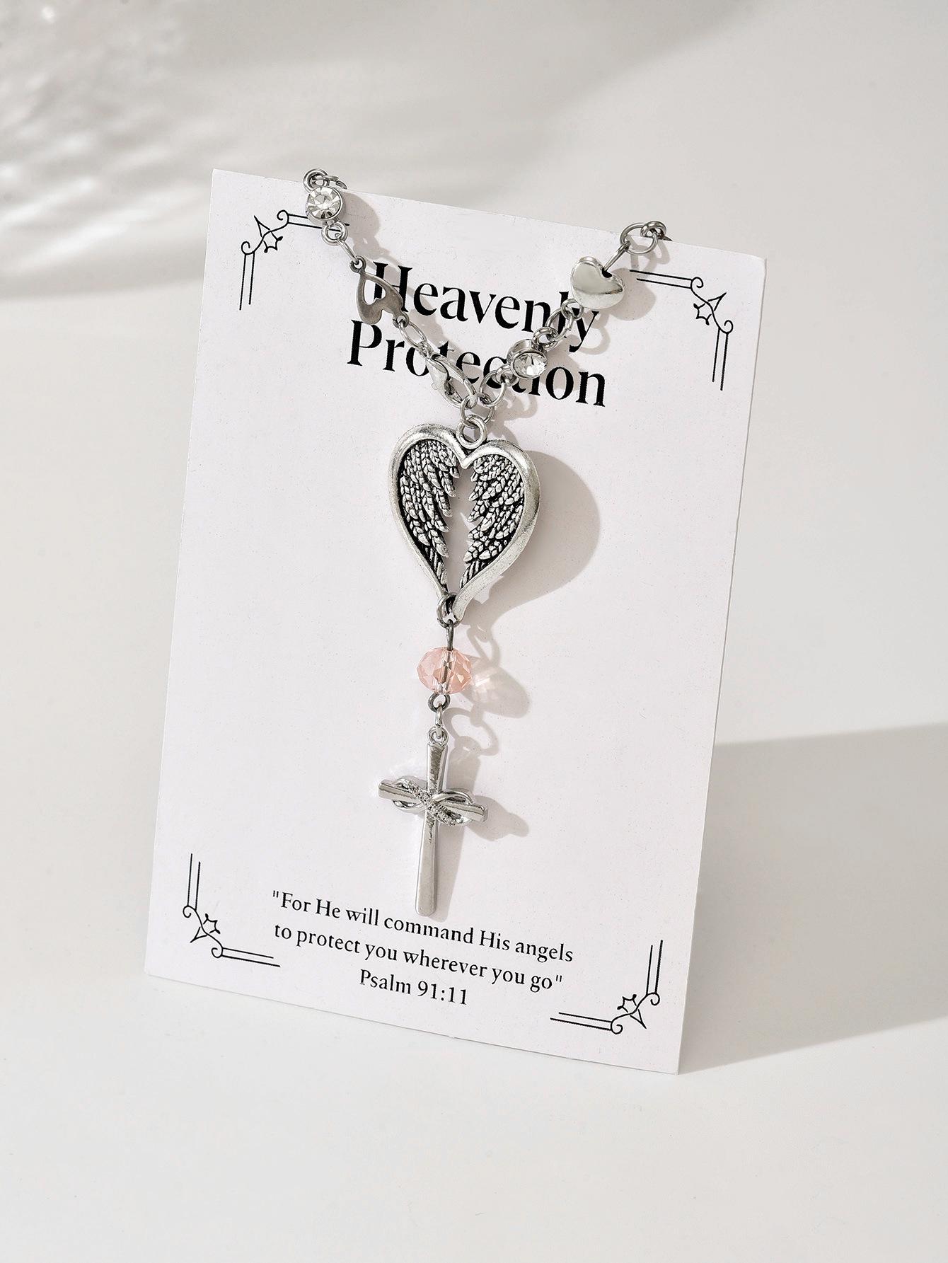 Guardian Angel Heart-shaped Steel-colored Wings Steering Wheel Charm Cross Pendant Accessory