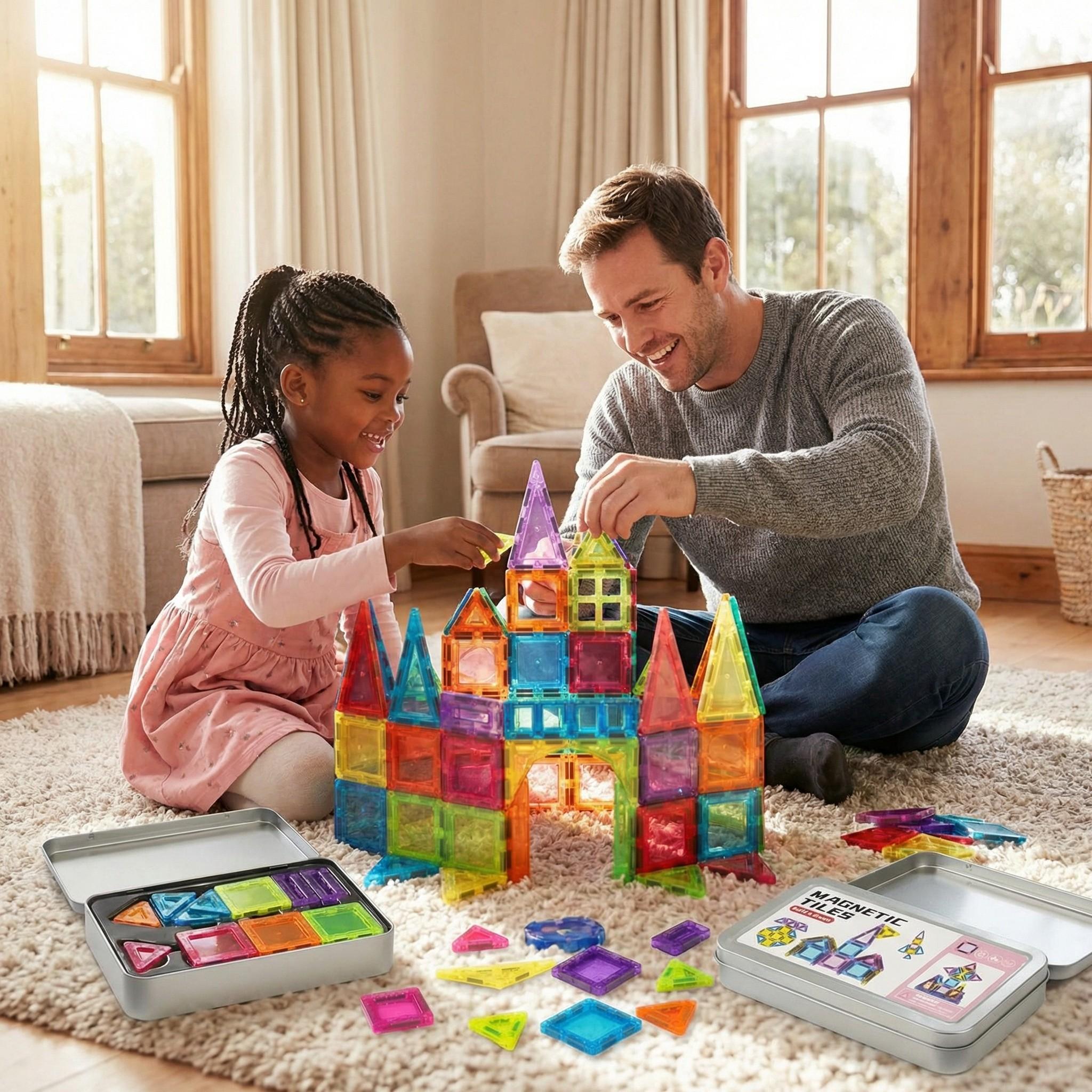 2027 Mini Magnetic Building Blocks, 42 Pieces - Montessori Education Magnetic Travel Building Set, with Iron Storage Box, Airplane-Shaped Toy, Suitable as a Birthday Gift for Boys and Girls, and an Essential for Outdoor Camping Trips