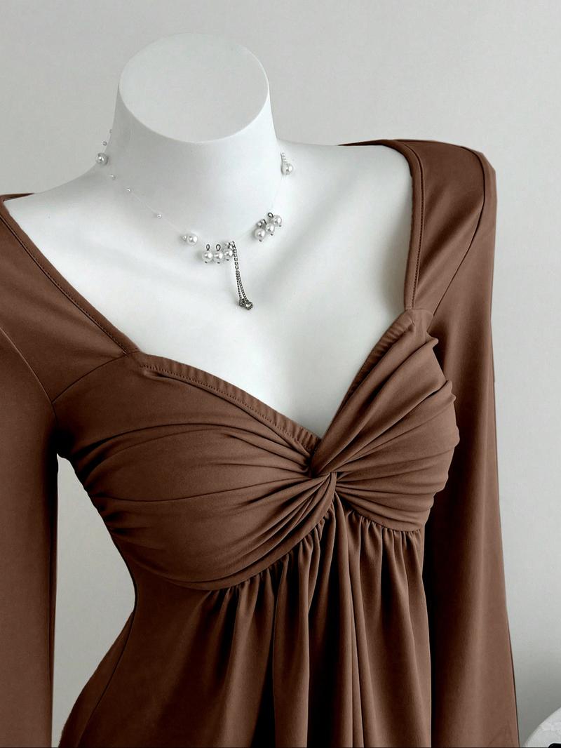 26 Valentine's Day Autumn/Winter Shot Pure Desire Style Casual Fashion Apricot Square Neck Chest Wrinkled Doll Shirt Long Sleeve Women's T-shirt