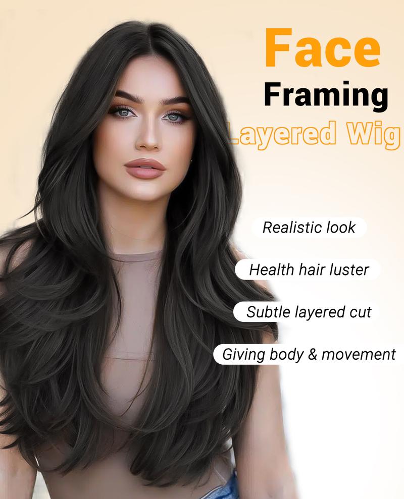 [AISI HAIR] Black Wig With Bangs Wear and Go Glueless Synthetic Lace Front Highlight Wigs for Women Pre Plucked Pre Cut Layered Black Wig Ready to Wear Middle Part 24 Inch