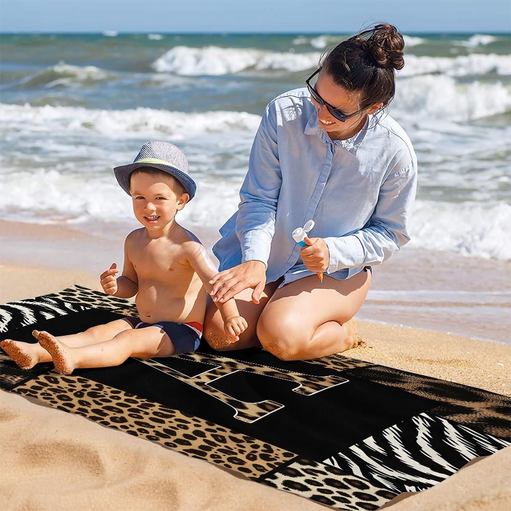 Luxe Animal Print Letter A-Z Beach Towel, Leopard Zebra Patchwork Pool Towel, Wild Safari Camping Towel, Soft Absorbent Bath Towel Blanket for Women Teens Girls, All-Purpose Towel for Travel Swimming Vacation