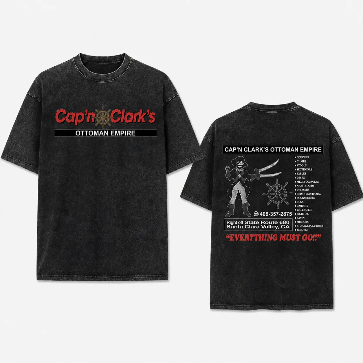 Women's 100% Cotton Shortsleeve Round Neck Cap’n Clark’s Ottoman Empire Graphic Garment - 2-Sided Unisex A24 Backrooms Movie Merch, Kane Pixels ARG Horror, Vintage Furniture Logo Aesthetic Casual Streetwear Top
