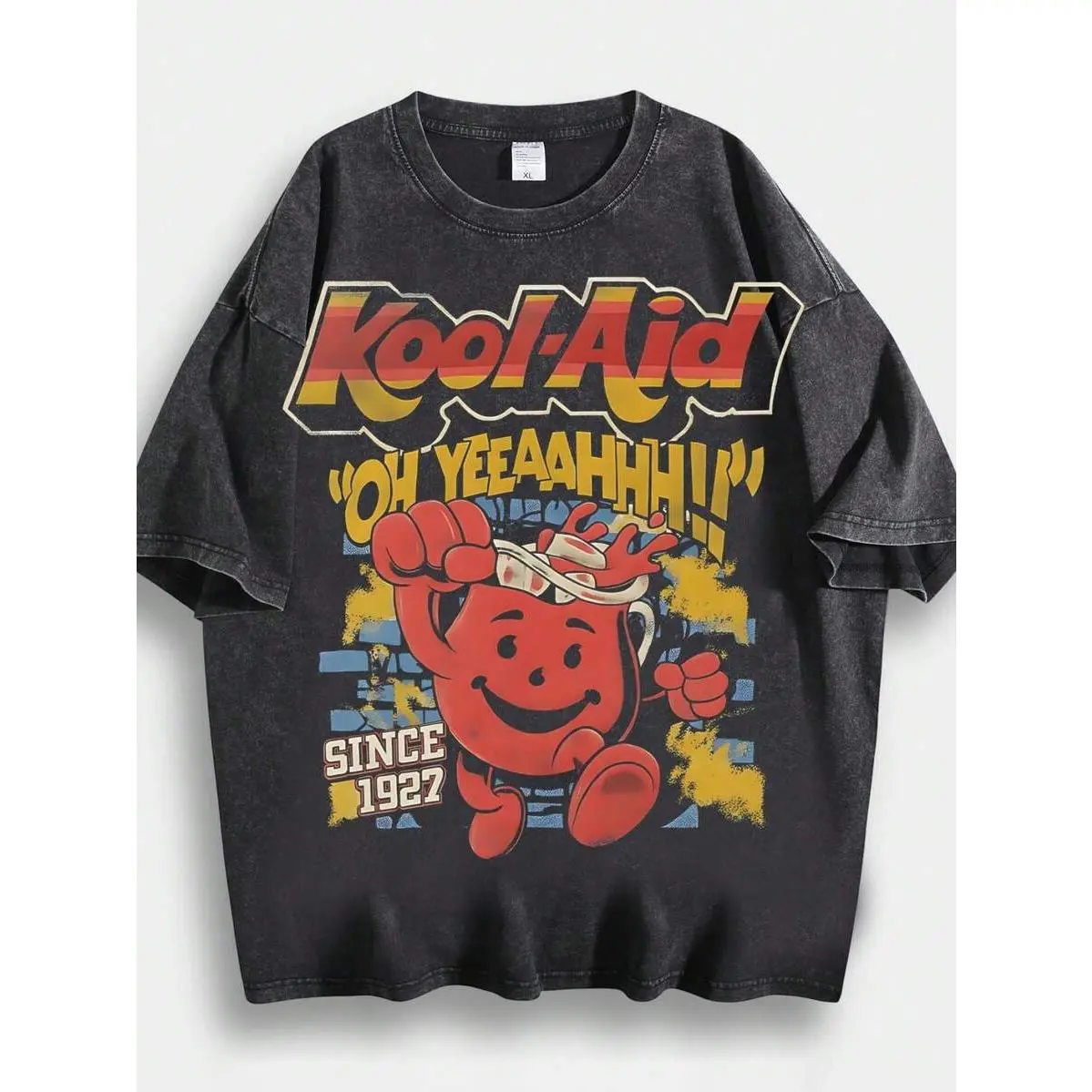 Men's Casual Short-Sleeve Hip-Hop T-Shirt - Kool-Aid Cartoon Print, Unique Design, 260g 100% Cotton Stretch Fabric, Loose Fit, Day Wear Top, Shortsleeve
