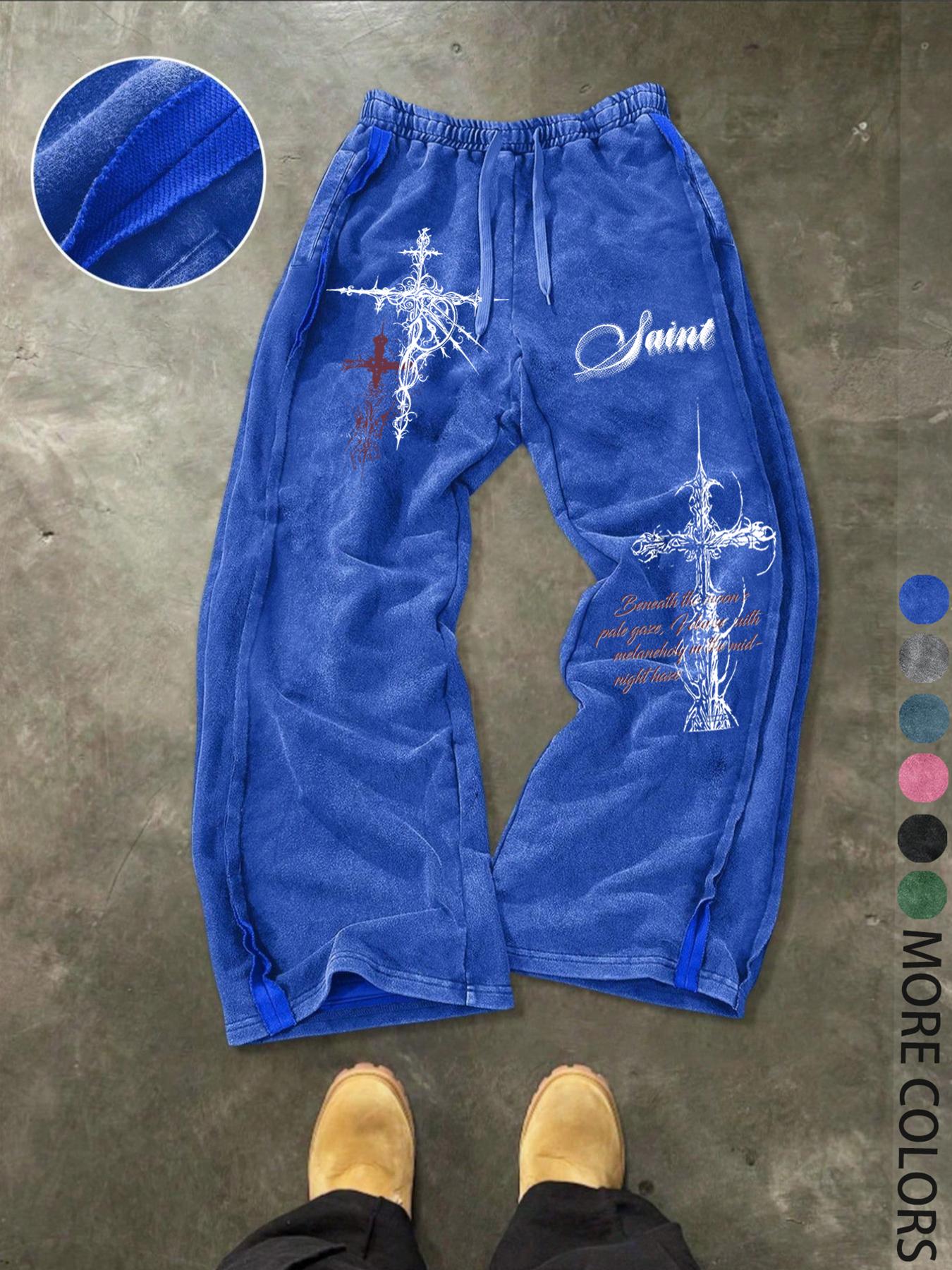 Unisex Gothic Street Style Saint's lettering and Gothic cross pattern print Cotton Sweatpants, Loose Fit Elastic Waist, Casual Fashion Pants for All Seasons,Gothic outfits， Men's Daily Wear Gift
