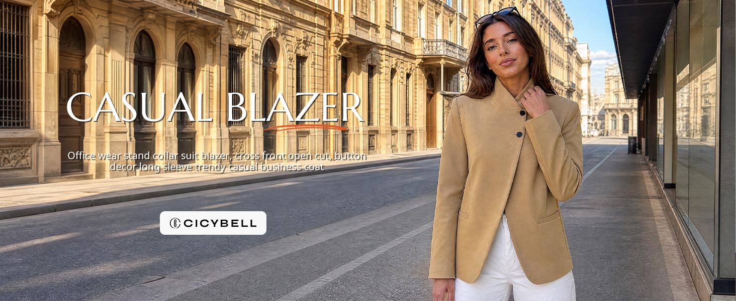 Cicy Bell Women's Casual Stand Collar Blazer Trendy Button Suit Jacket | Open Cross Front, Long Sleeve, Work Office, Business Coat
