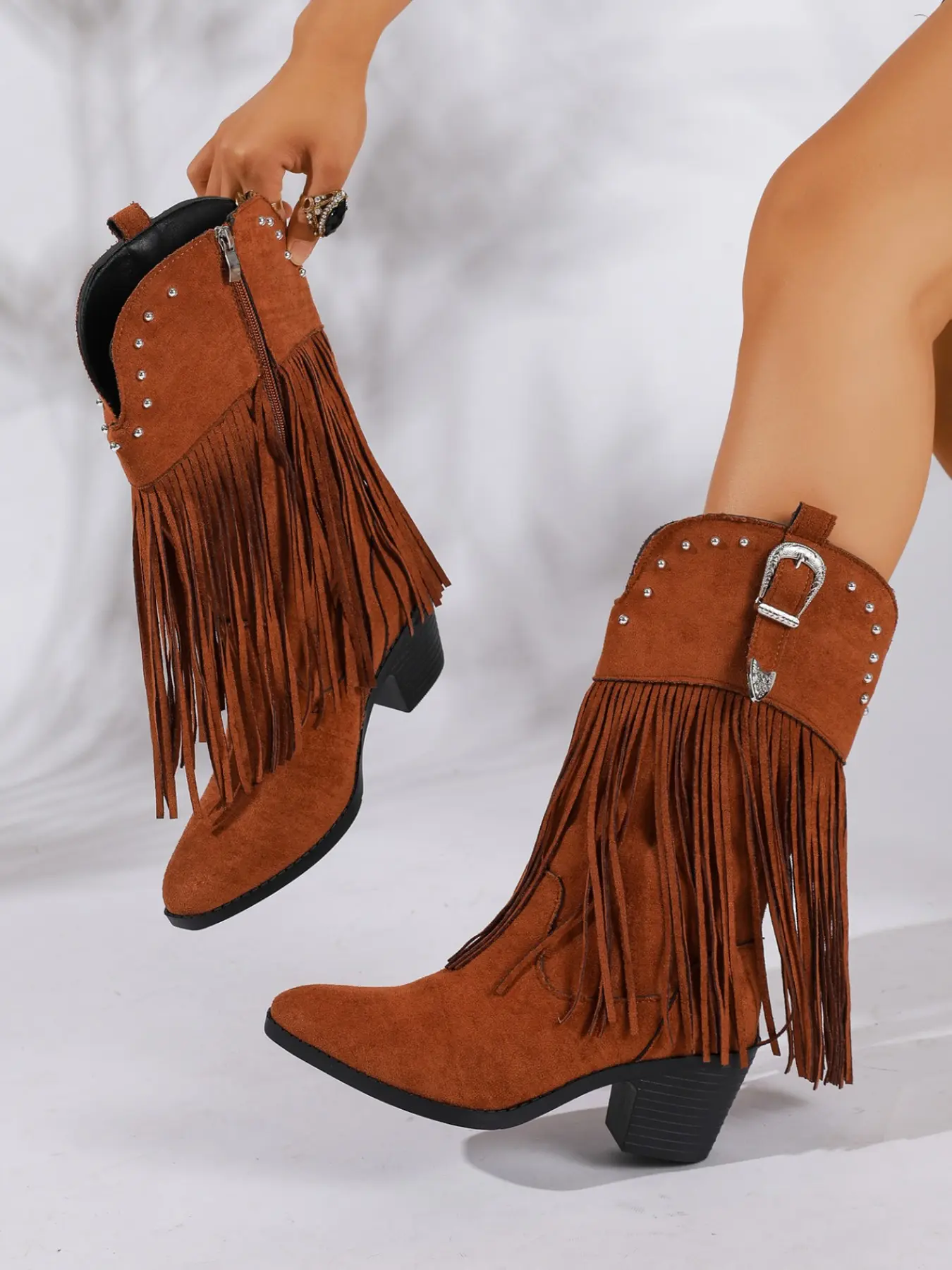 Women's Fringe Western Cowboy Boots, Velvet Thick Heel, Side Zipper, Mid-Calf Boot, Perfect for Outdoor Adventures