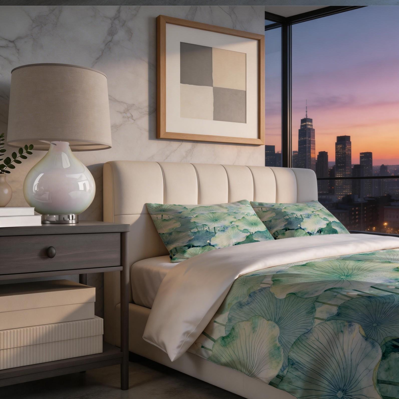 2/3 Piece Watercolor Lotus Leaf Duvet Cover Set, Green Lotus HD Digital Print Bedding Set, Soft Breathable Comforter Cover with Zipper & Corner Ties for Bedroom & Dorm (Comforter Not Included)