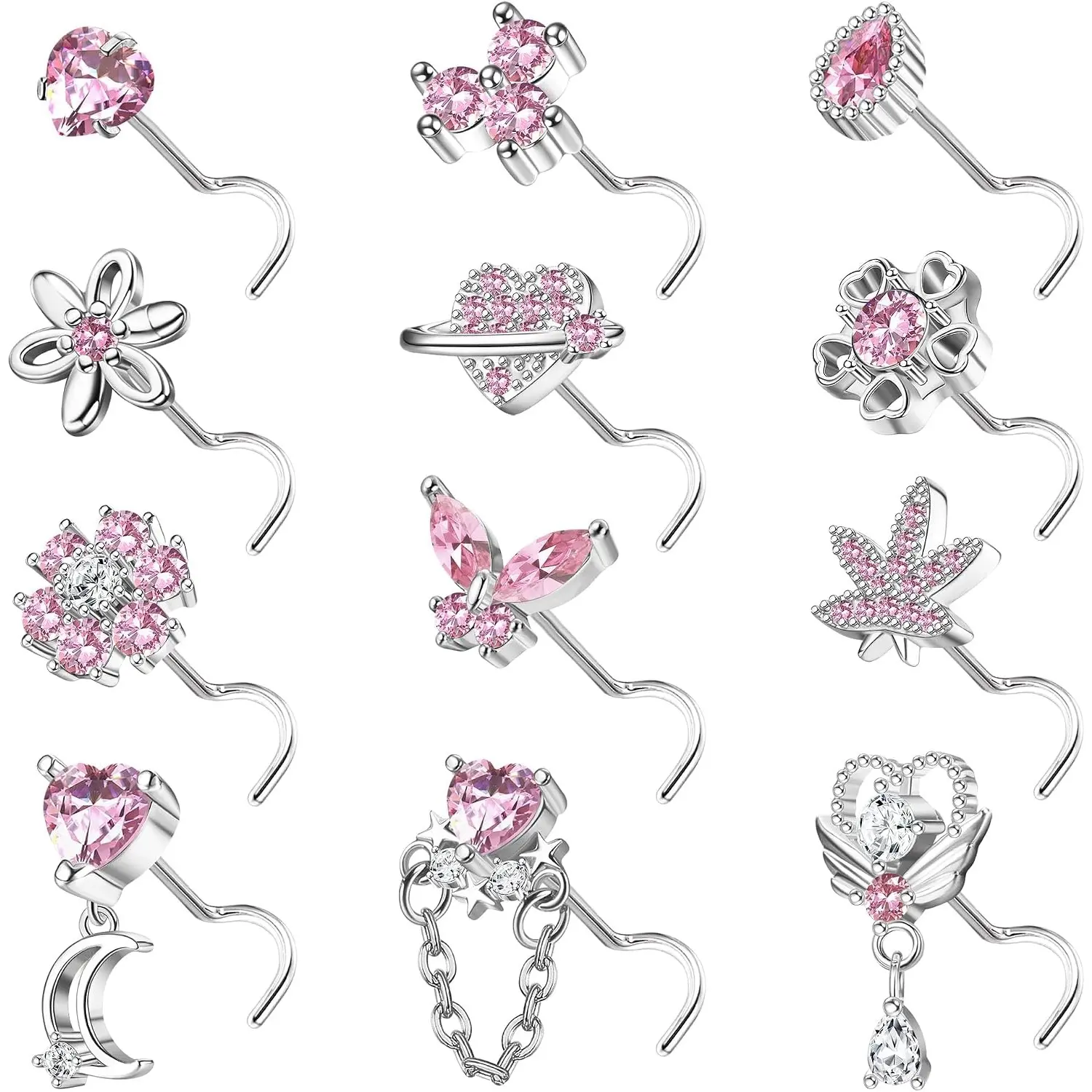 FASACCO 12 PCS 20G Nose Rings Surgical Stainless Steel, L Shaped Nose Studs for Women Men, CZ Heart Butterfly Flower Leaf Moon Dangle Cute Nose Piercings Studs Screw Jewelry Pink/Purple/Blue/Clear